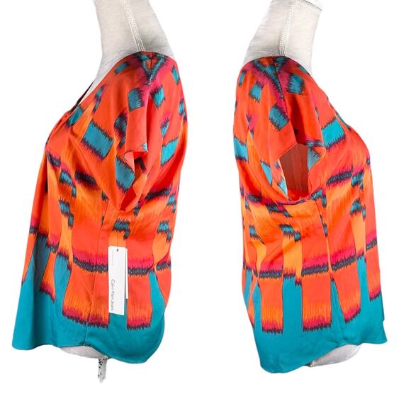 Calvin Klein Firecracker Blouse Small Orange Teal Short Sleeves New - Picture 2 of 12